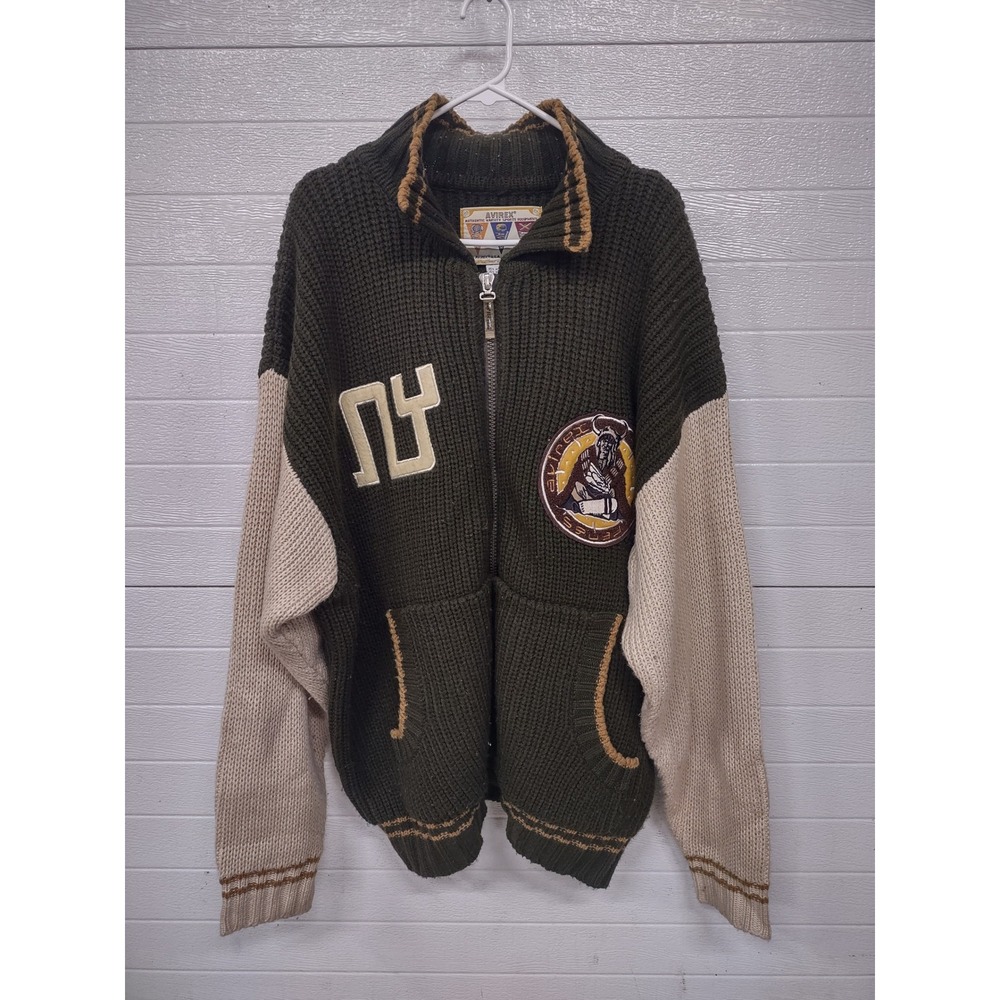 Vintage Avirex Hockey Squad Full Zip Sweater XL Olive Green Wool Blend Knit NY